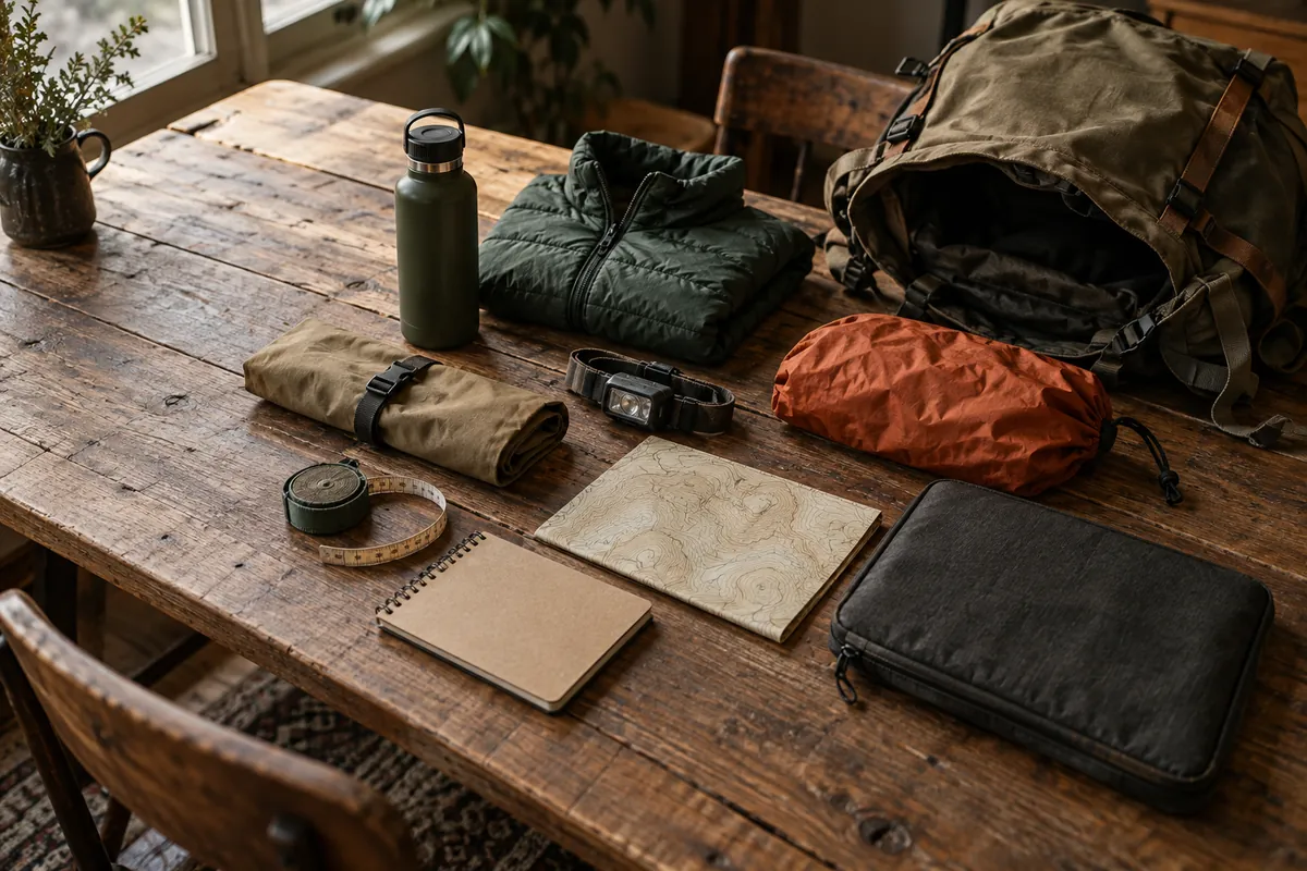 Sac à dos de voyage ouvert sur un parquet, vêtements roulés et cubes de rangement à côté, carnet et passeport